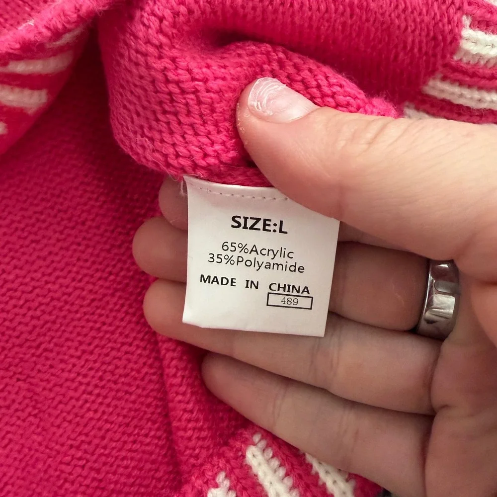 Dokotoo Sweater L Crewneck Contrast Stripe Acrylic Blend Relaxed Pink NEW